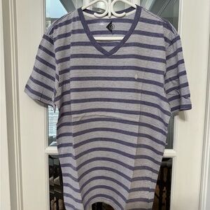 Volcom Blue and Gray Striped V-Neck Tee